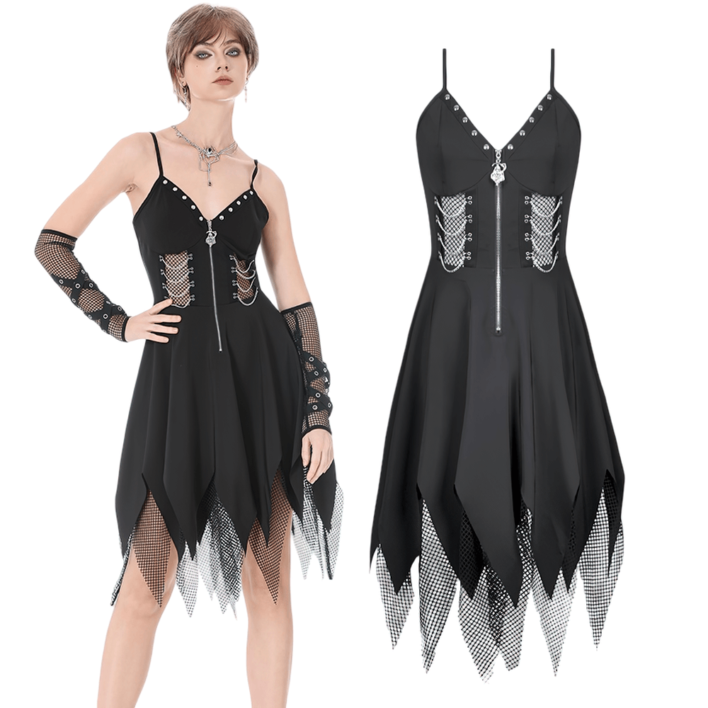 Sexy Zip Front Dress with Fishnet Jagged Hem Detail - image 3