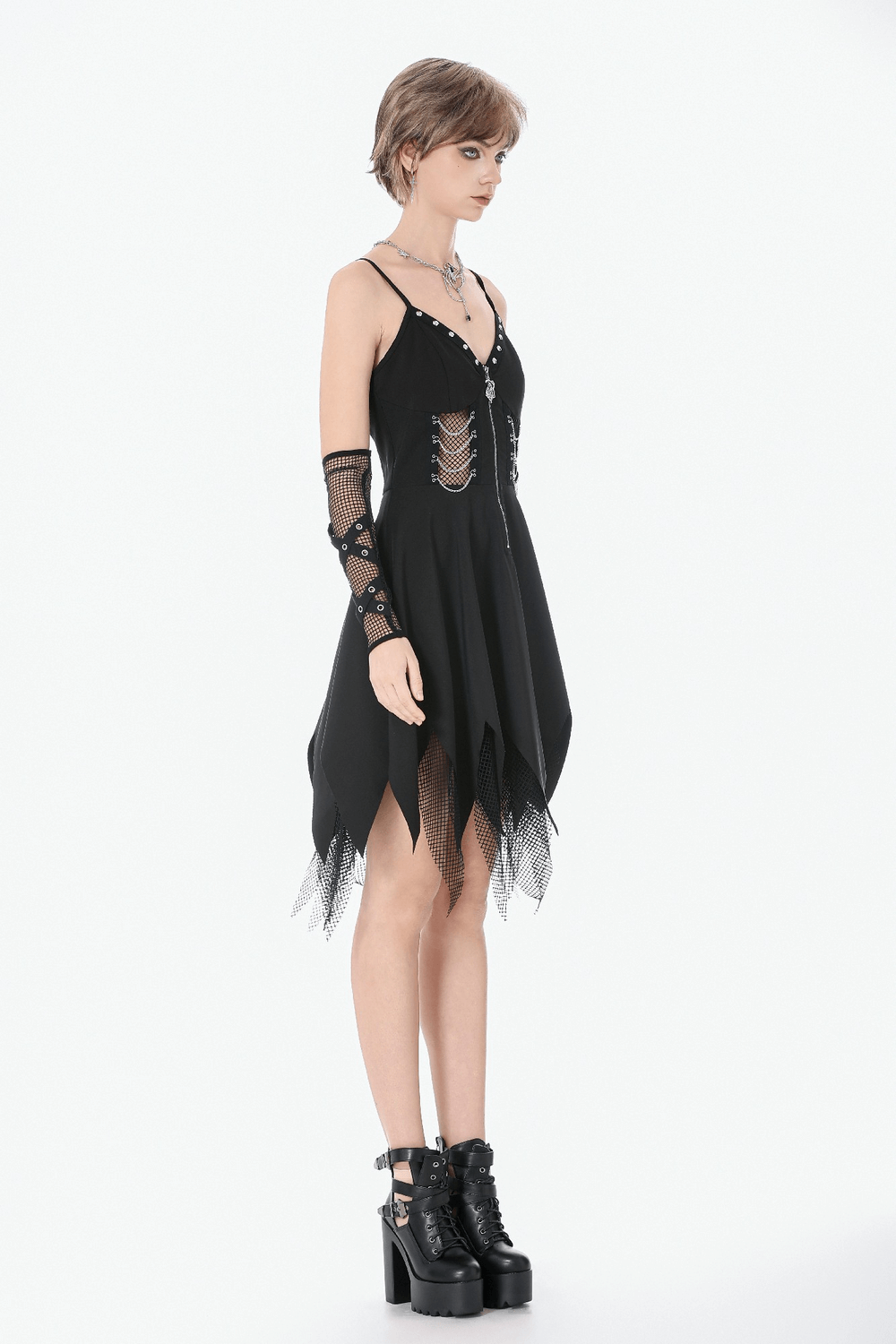Sexy Zip Front Dress with Fishnet Jagged Hem Detail - image 12