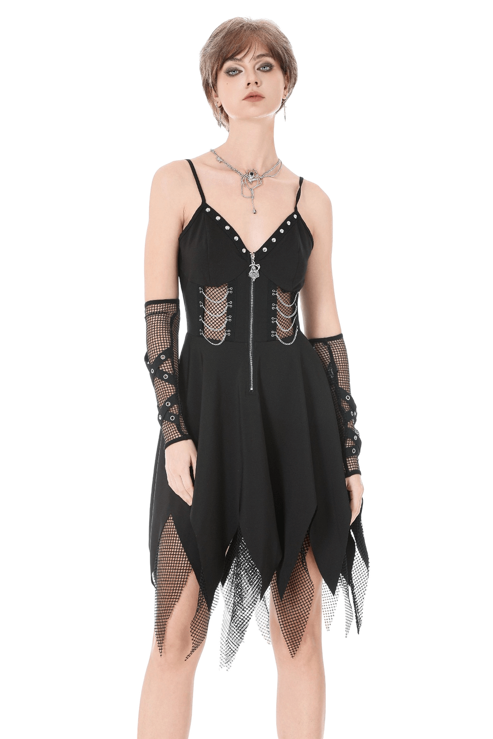 Sexy Zip Front Dress with Fishnet Jagged Hem Detail - image 1