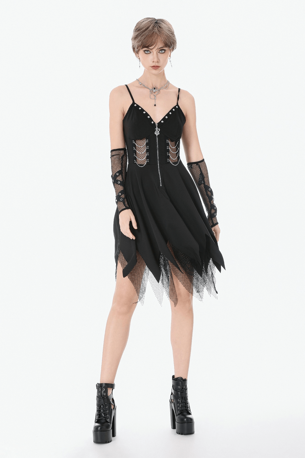 Sexy Zip Front Dress with Fishnet Jagged Hem Detail - image 11