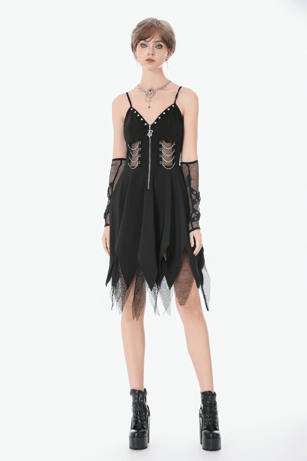 Sexy Zip Front Dress with Fishnet Jagged Hem Detail - image 13