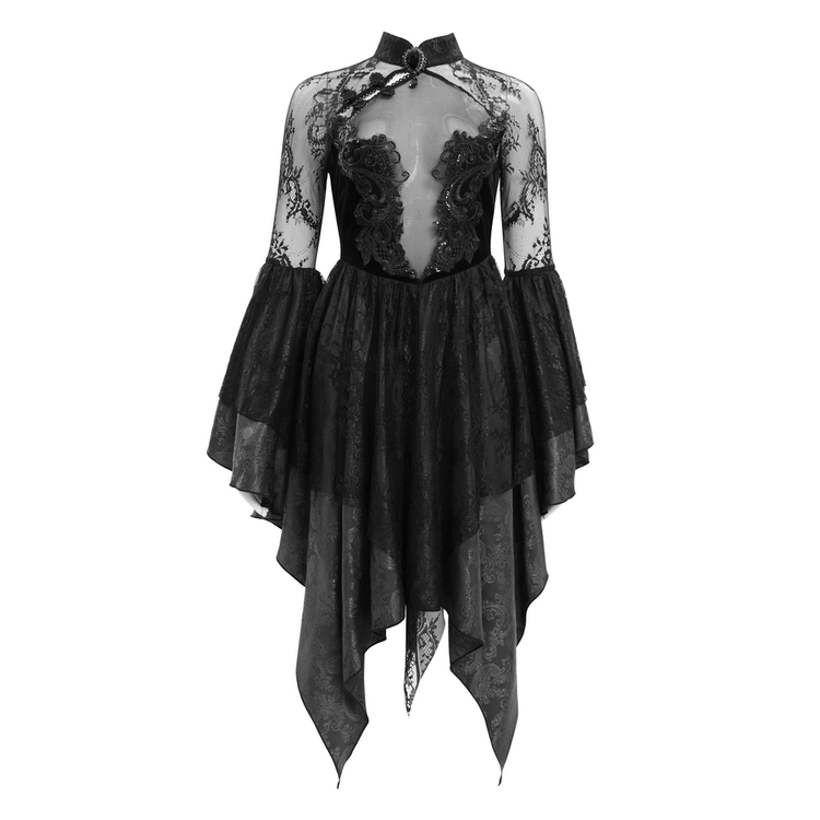 Sheer Lace Dress with Appliques and Flared Sleeves - image 3