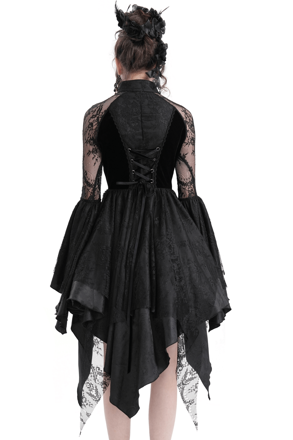 Sheer Lace Dress with Appliques and Flared Sleeves - image 2