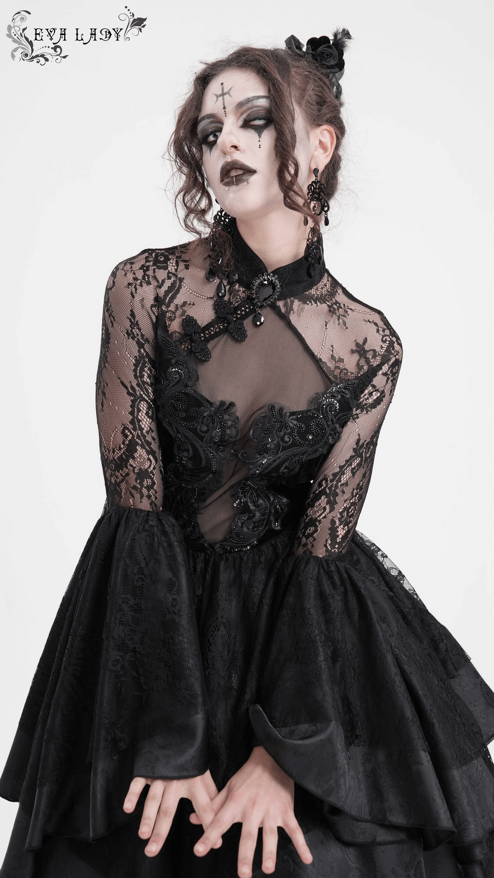 Sheer Lace Dress with Appliques and Flared Sleeves - image 12