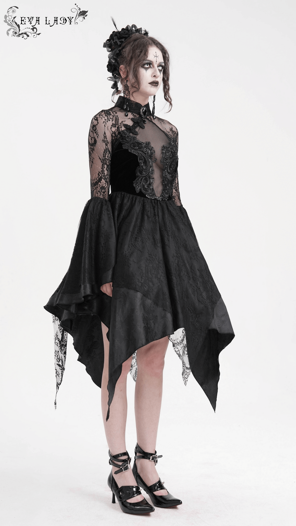Sheer Lace Dress with Appliques and Flared Sleeves - image 15