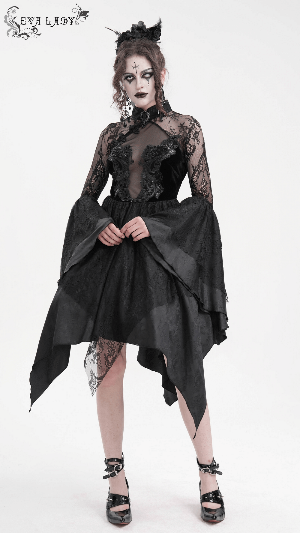 Sheer Lace Dress with Appliques and Flared Sleeves - image 16