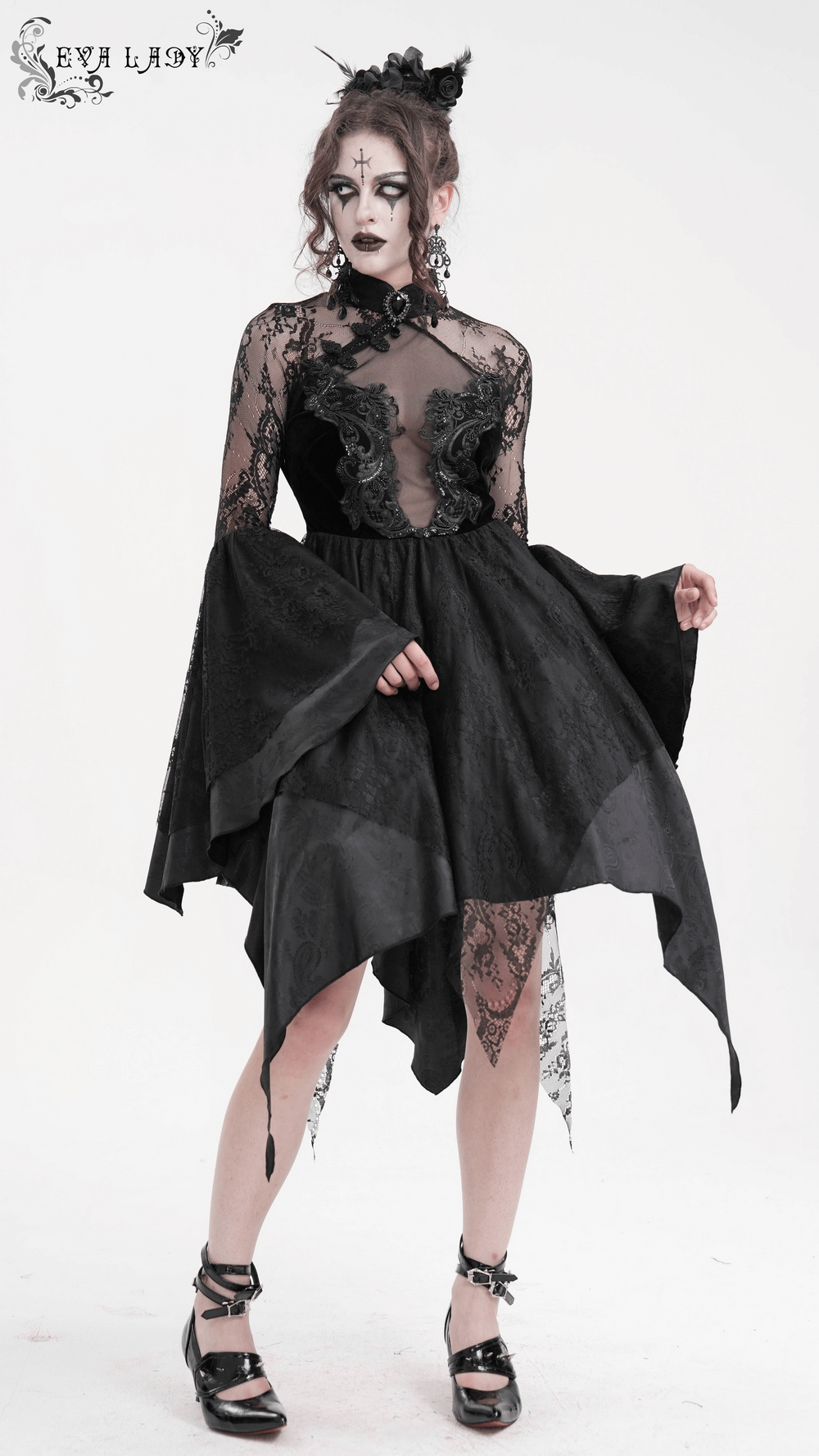 Sheer Lace Dress with Appliques and Flared Sleeves - image 17