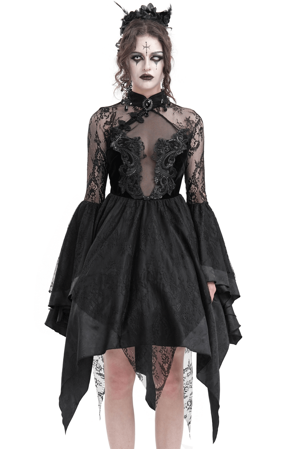 Sheer Lace Dress with Appliques and Flared Sleeves - image 1