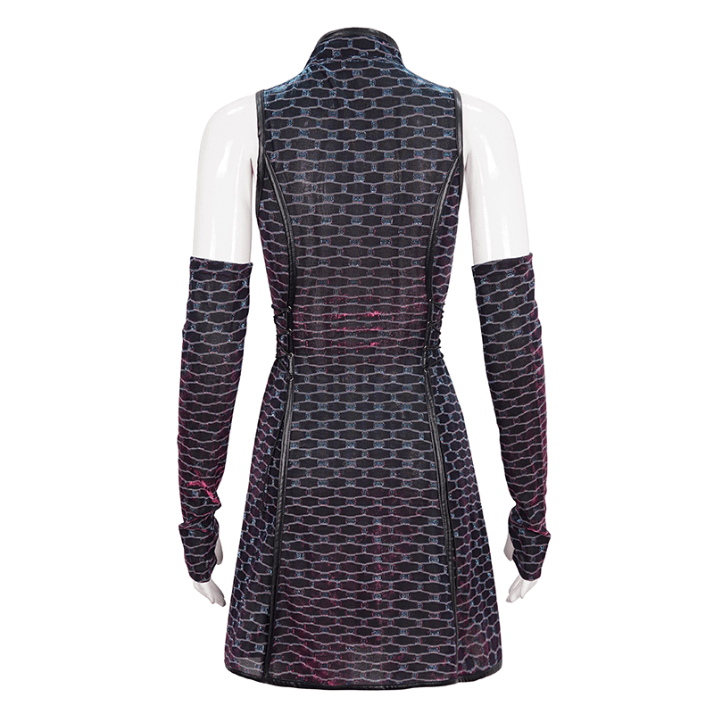 Short Punk Dress with Lace-up On Waist / Extraordinary Women's Dress with Detachable Long Gloves - image 5