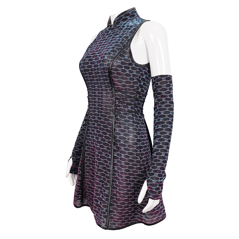Short Punk Dress with Lace-up On Waist / Extraordinary Women's Dress with Detachable Long Gloves - image 4