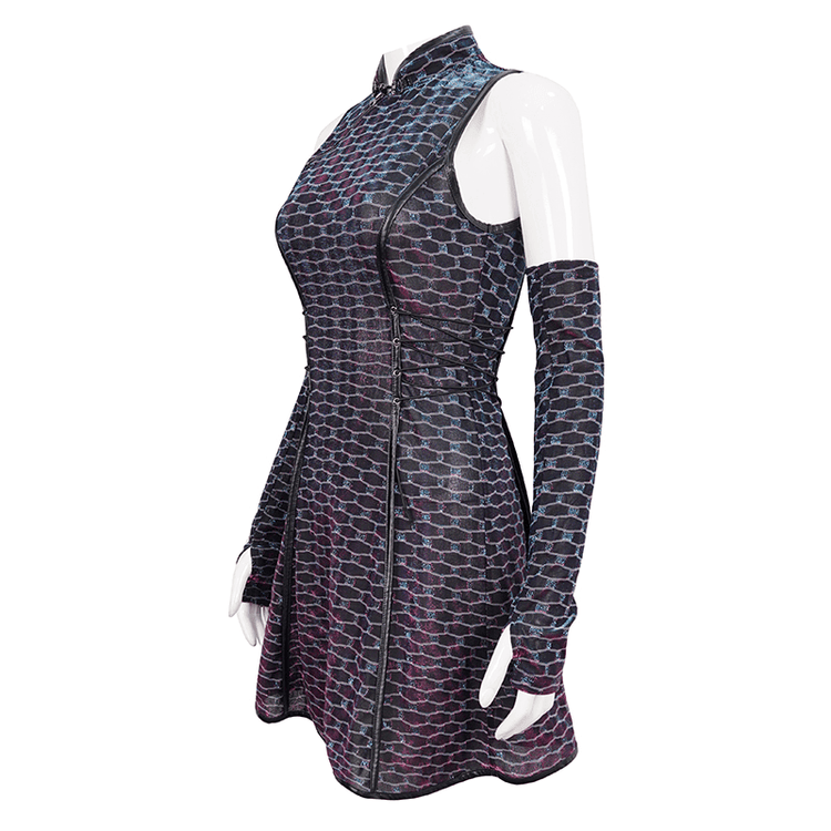 Short Punk Dress with Lace-up On Waist / Extraordinary Women's Dress with Detachable Long Gloves - image 4