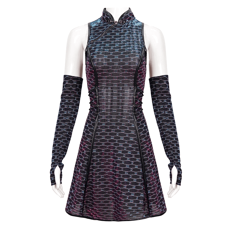 Short Punk Dress with Lace-up On Waist / Extraordinary Women's Dress with Detachable Long Gloves - image 3
