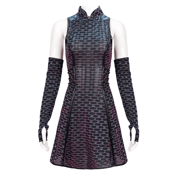 Short Punk Dress with Lace-up On Waist / Extraordinary Women's Dress with Detachable Long Gloves - image 3