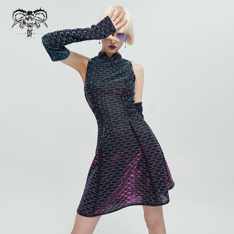 Short Punk Dress with Lace-up On Waist / Extraordinary Women's Dress with Detachable Long Gloves - image 8