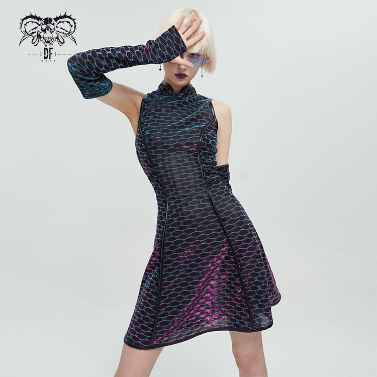 Short Punk Dress with Lace-up On Waist / Extraordinary Women's Dress with Detachable Long Gloves - image 8