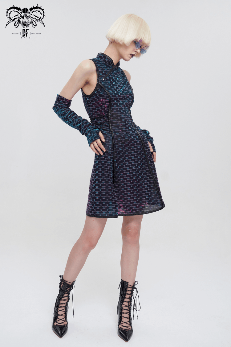 Short Punk Dress with Lace-up On Waist / Extraordinary Women's Dress with Detachable Long Gloves - image 9