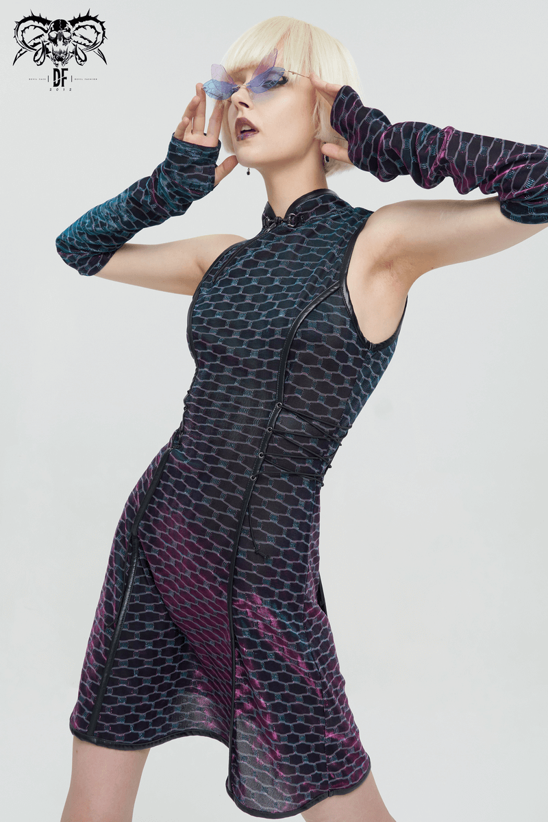 Short Punk Dress with Lace-up On Waist / Extraordinary Women's Dress with Detachable Long Gloves - image 10