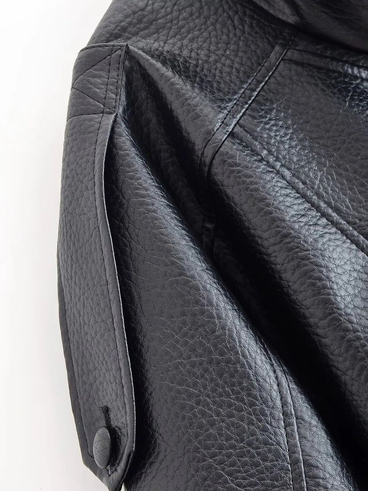 Black vegan leather jacket layered outfit
