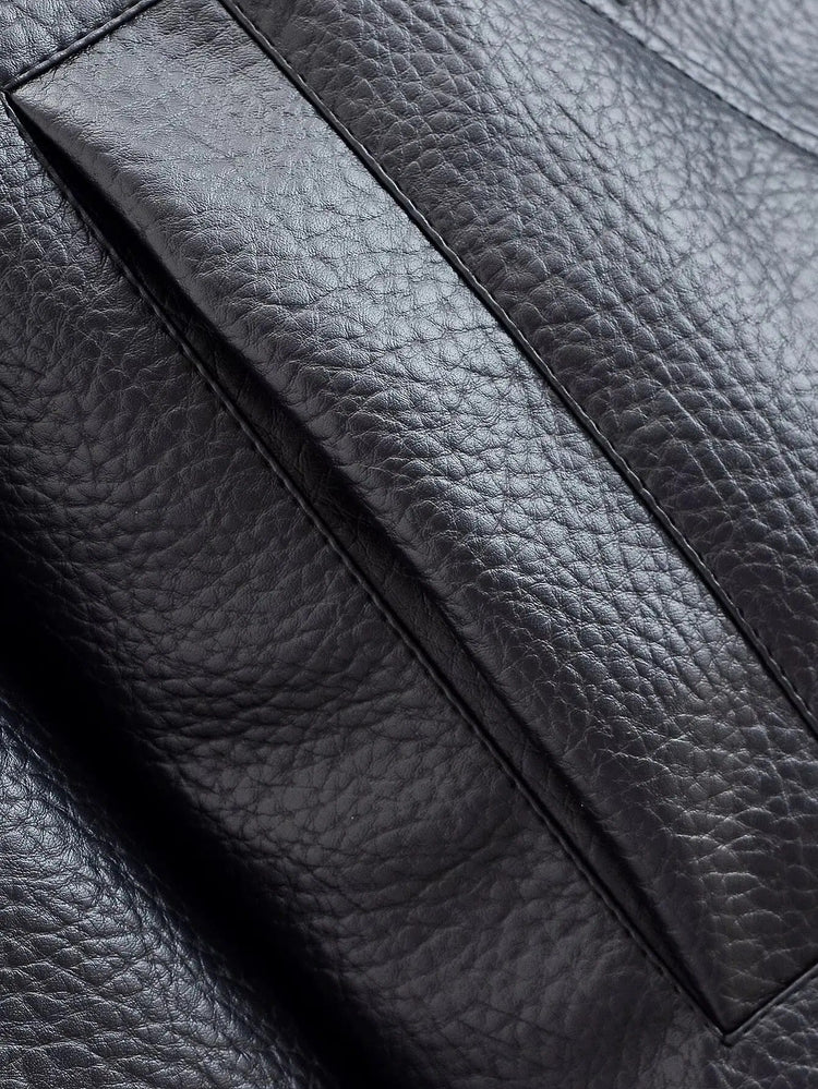 Black relaxed vegan leather jacket street style