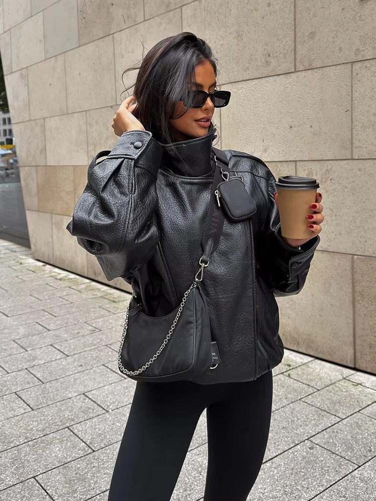 Black vegan leather moto jacket front styling