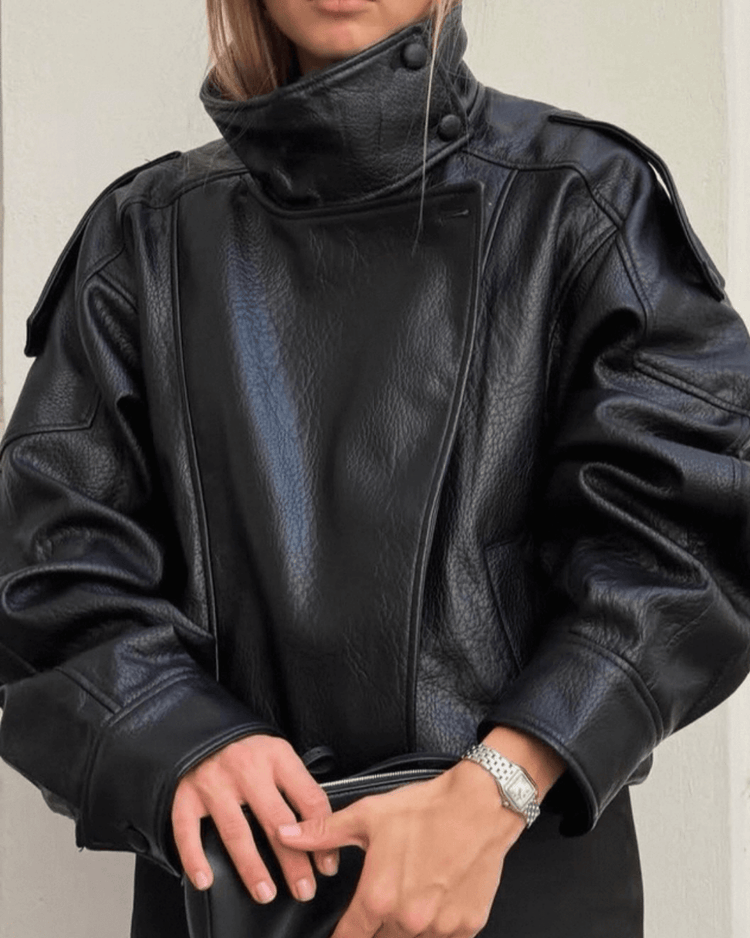 Black vegan leather jacket angled zip detail