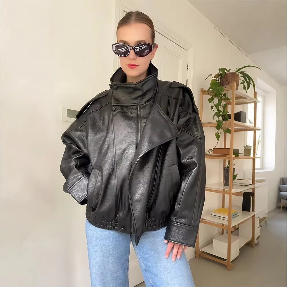 Black oversized vegan leather jacket outfit