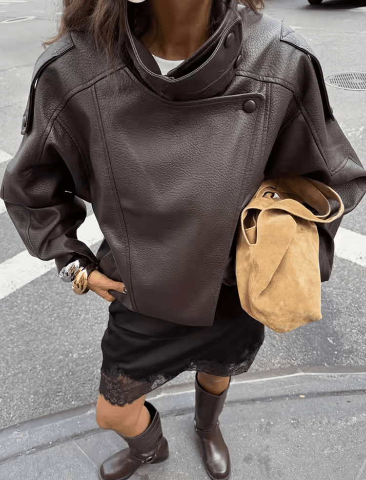 Brown vegan leather jacket styled view