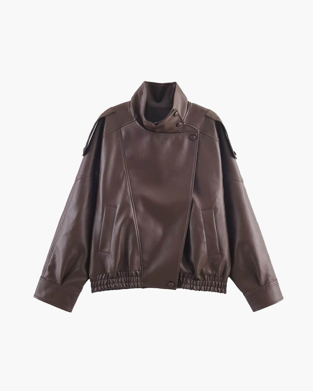 Brown Carla asymmetrical vegan leather jacket front view