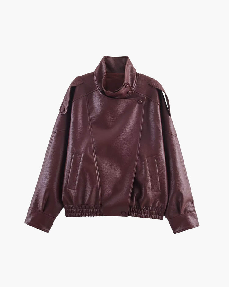Red Carla asymmetrical vegan leather jacket front view