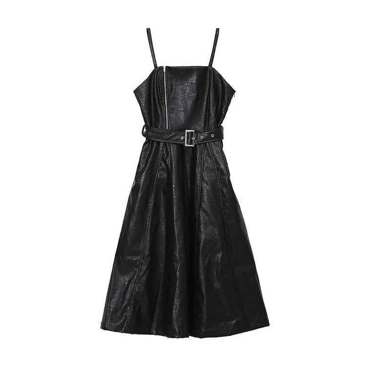 Solid Color Strapless Black PU Leather Dress / High Waist Belt Zipper Loose Dress - image 3