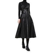 Solid Color Strapless Black PU Leather Dress / High Waist Belt Zipper Loose Dress - image 1