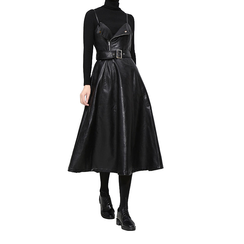 Solid Color Strapless Black PU Leather Dress / High Waist Belt Zipper Loose Dress - image 1