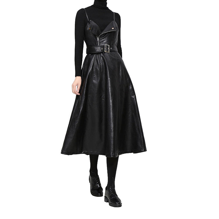 Solid Color Strapless Black PU Leather Dress / High Waist Belt Zipper Loose Dress - image 1