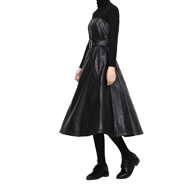 Solid Color Strapless Black PU Leather Dress / High Waist Belt Zipper Loose Dress - image 2