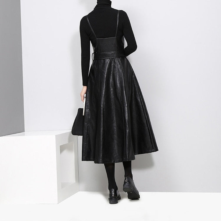 Solid Color Strapless Black PU Leather Dress / High Waist Belt Zipper Loose Dress - image 8