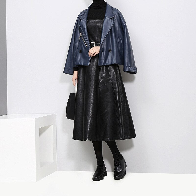 Solid Color Strapless Black PU Leather Dress / High Waist Belt Zipper Loose Dress - image 7
