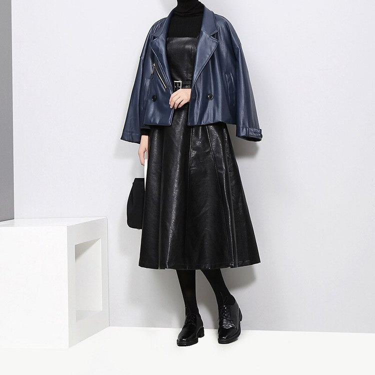 Solid Color Strapless Black PU Leather Dress / High Waist Belt Zipper Loose Dress - image 7
