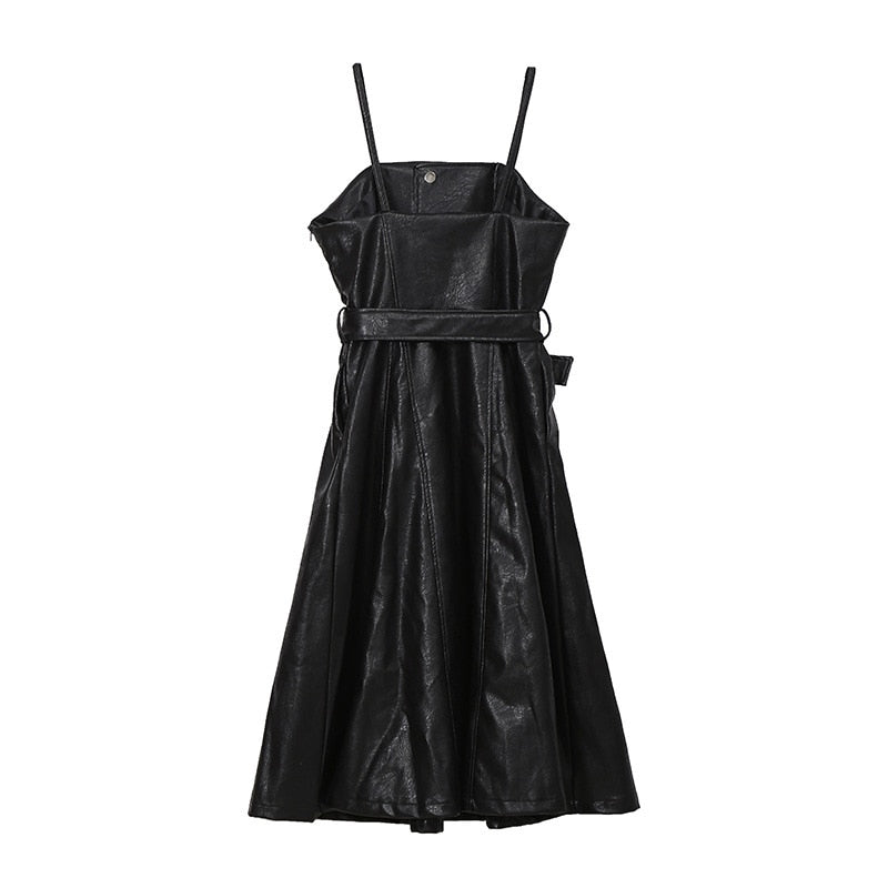 Solid Color Strapless Black PU Leather Dress / High Waist Belt Zipper Loose Dress - image 4