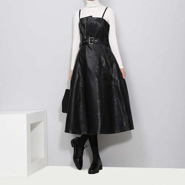 Solid Color Strapless Black PU Leather Dress / High Waist Belt Zipper Loose Dress - image 5