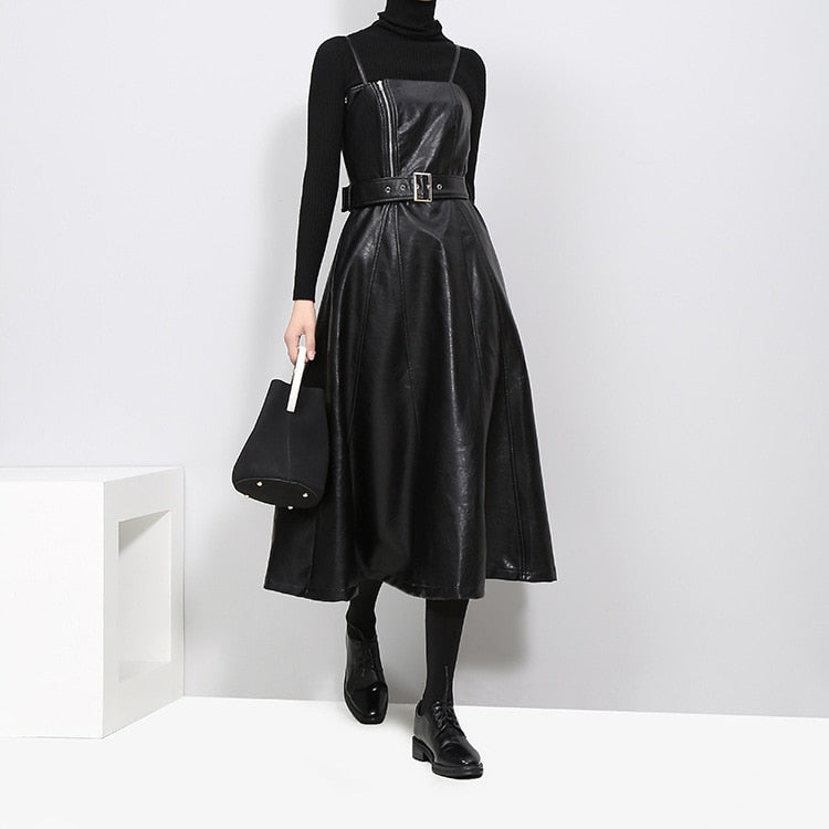 Solid Color Strapless Black PU Leather Dress / High Waist Belt Zipper Loose Dress - image 6