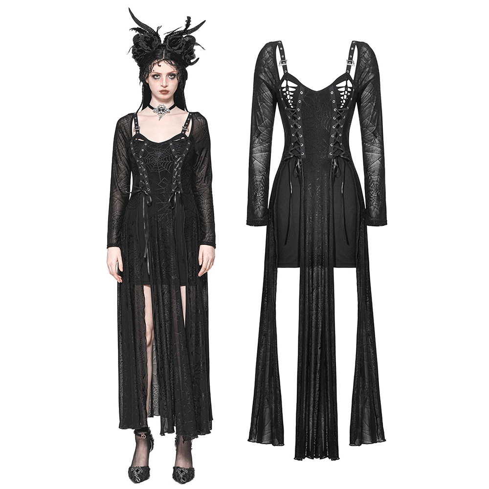 Spiderweb Lace-Up Dress with Sheer Sleeves and Straps - image 3