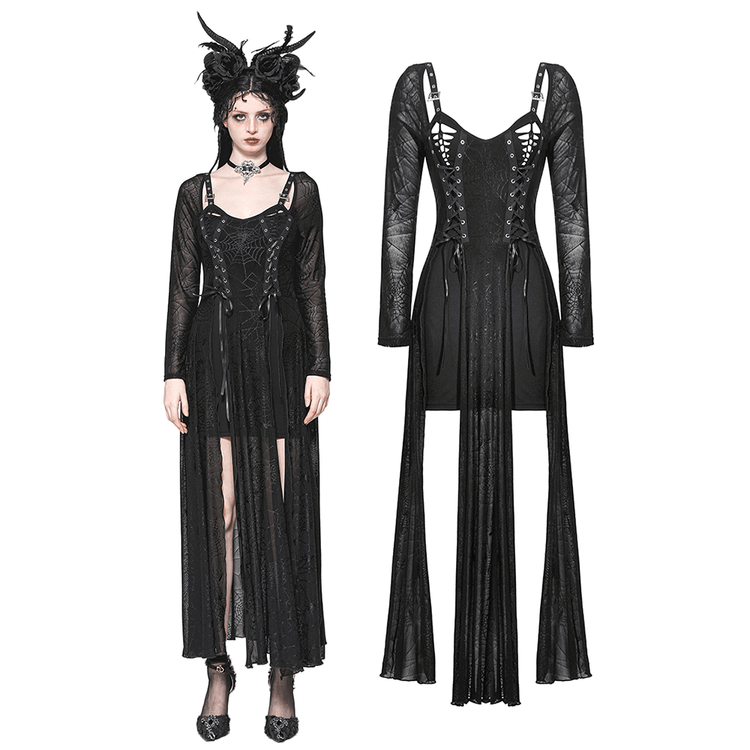 Spiderweb Lace-Up Dress with Sheer Sleeves and Straps - image 3