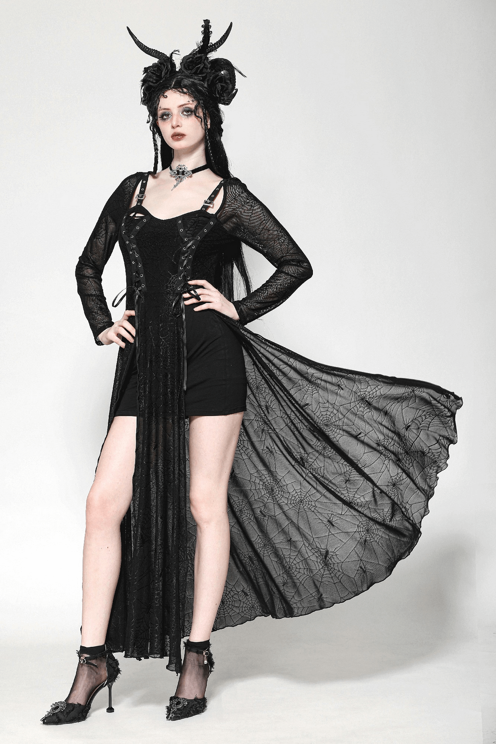 Spiderweb Lace-Up Dress with Sheer Sleeves and Straps - image 14