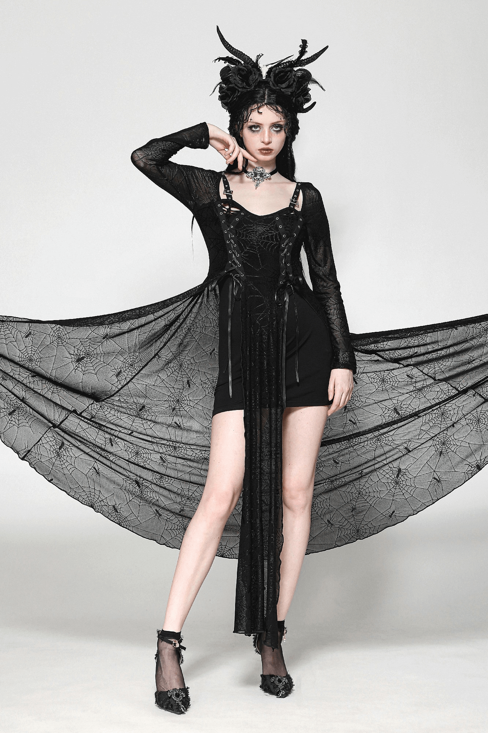 Spiderweb Lace-Up Dress with Sheer Sleeves and Straps - image 15
