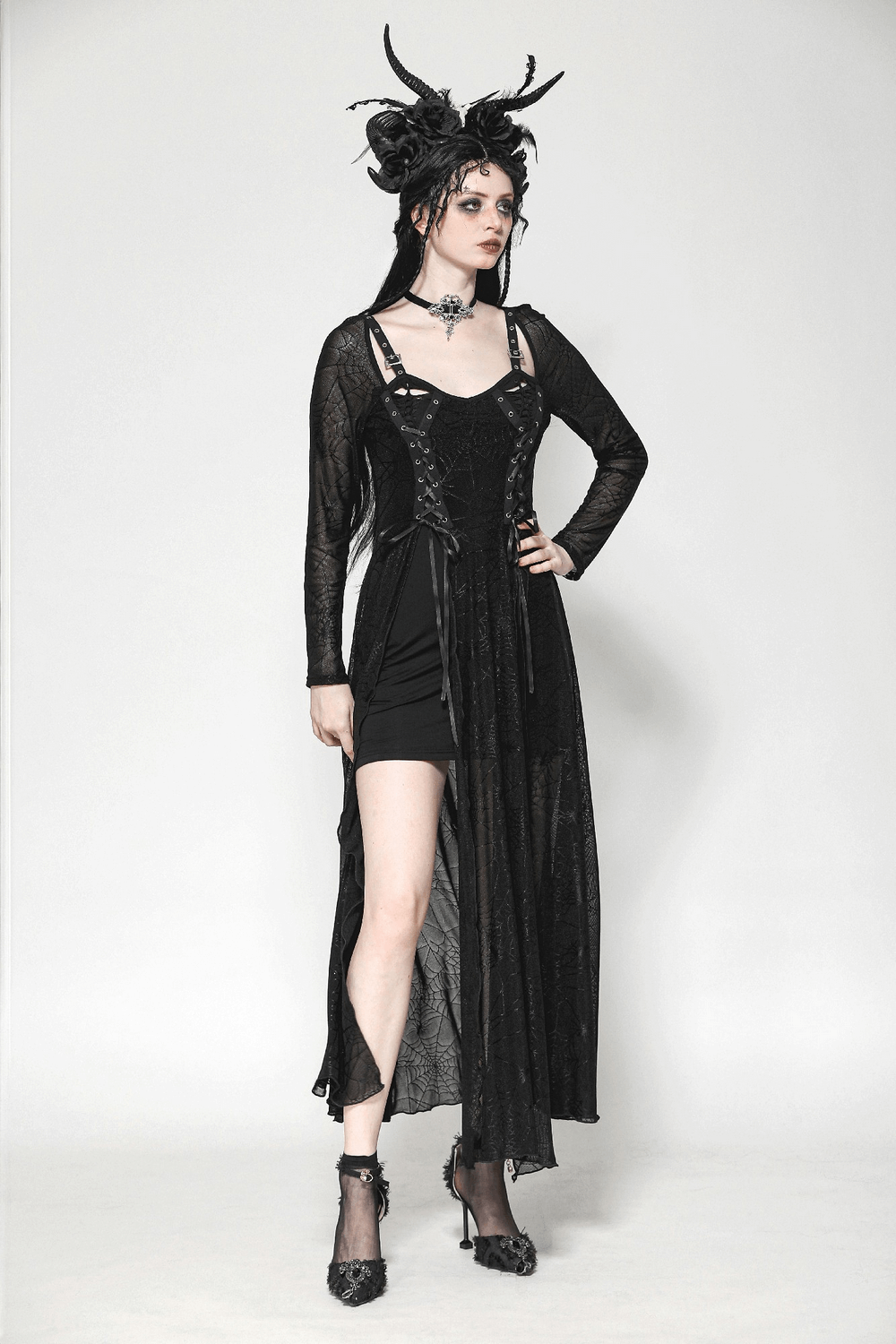 Spiderweb Lace-Up Dress with Sheer Sleeves and Straps - image 12