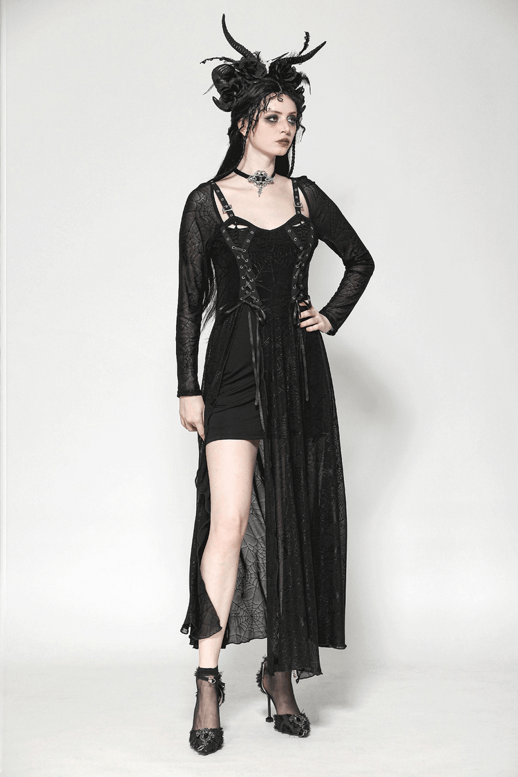 Spiderweb Lace-Up Dress with Sheer Sleeves and Straps - image 12