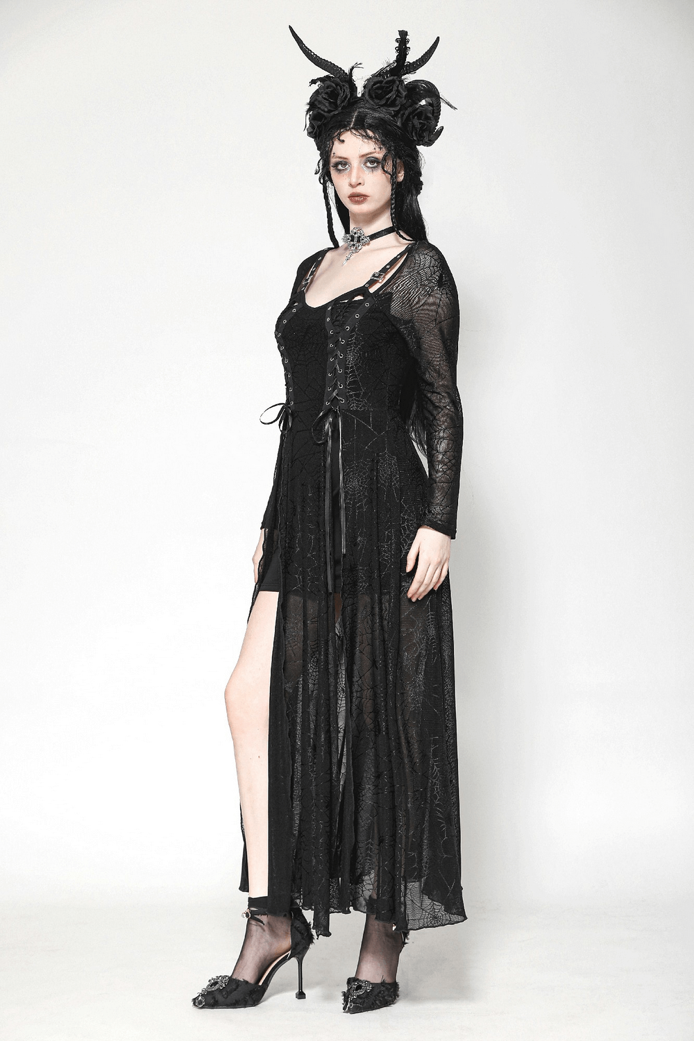 Spiderweb Lace-Up Dress with Sheer Sleeves and Straps - image 13