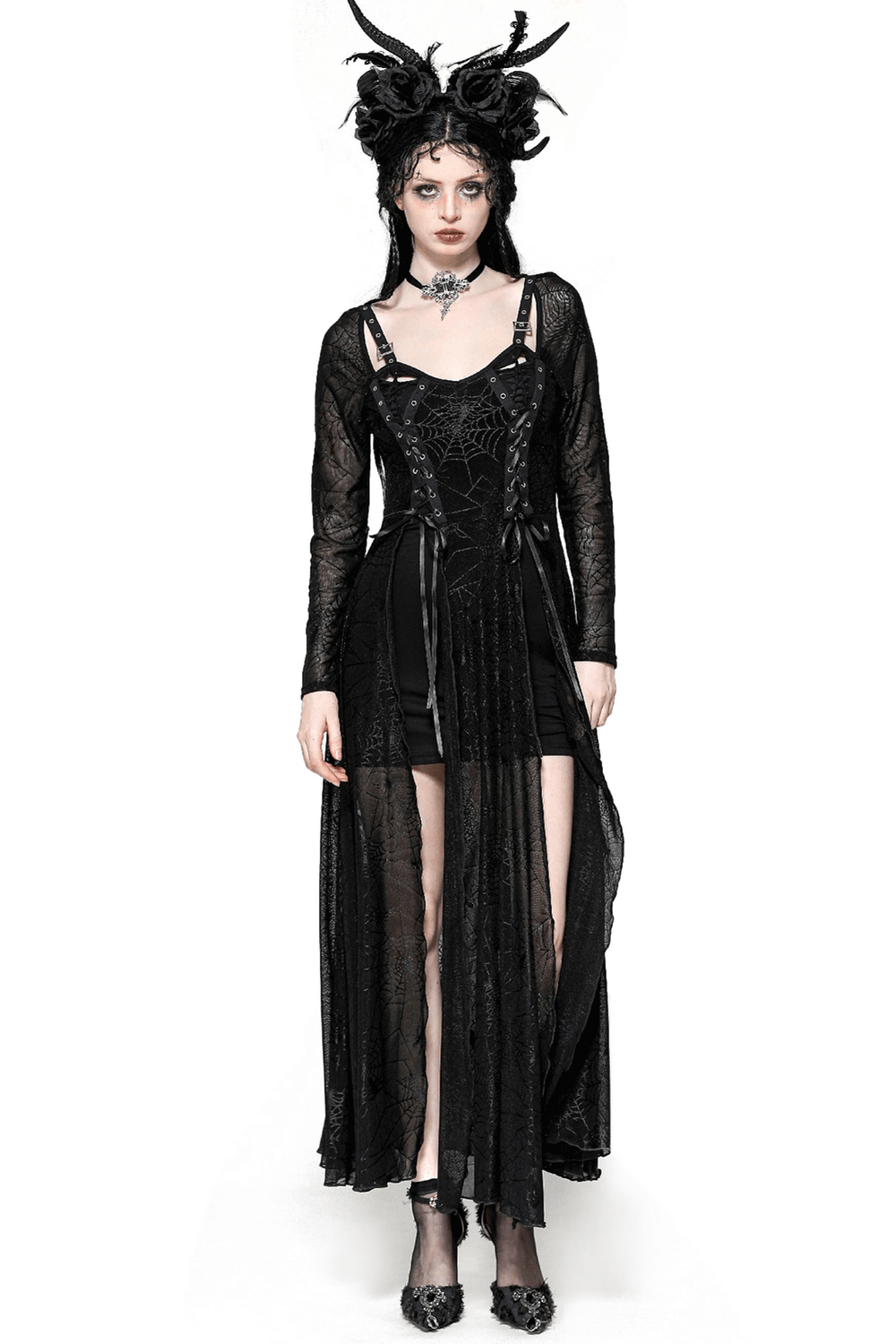 Spiderweb Lace-Up Dress with Sheer Sleeves and Straps - image 1