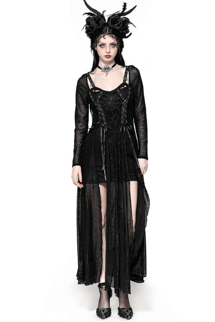 Spiderweb Lace-Up Dress with Sheer Sleeves and Straps - image 1