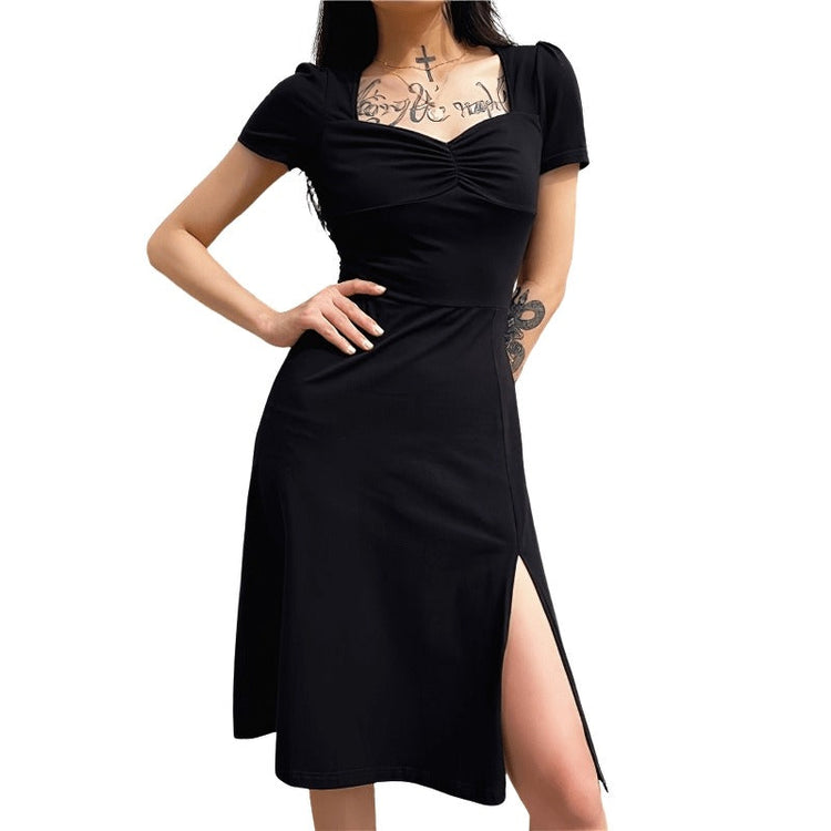 Square Neck Elegant Black Dress / Side Split Short Sleeves Casual Dress / Female Gothic Dresses - image 1